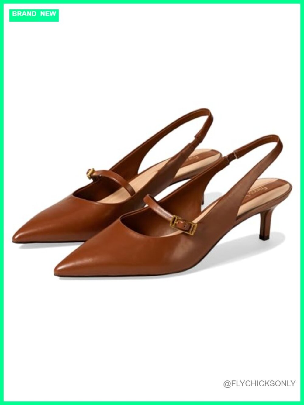 Pointed Toe Slingback Kitten Heel Leather Pump with Buckle